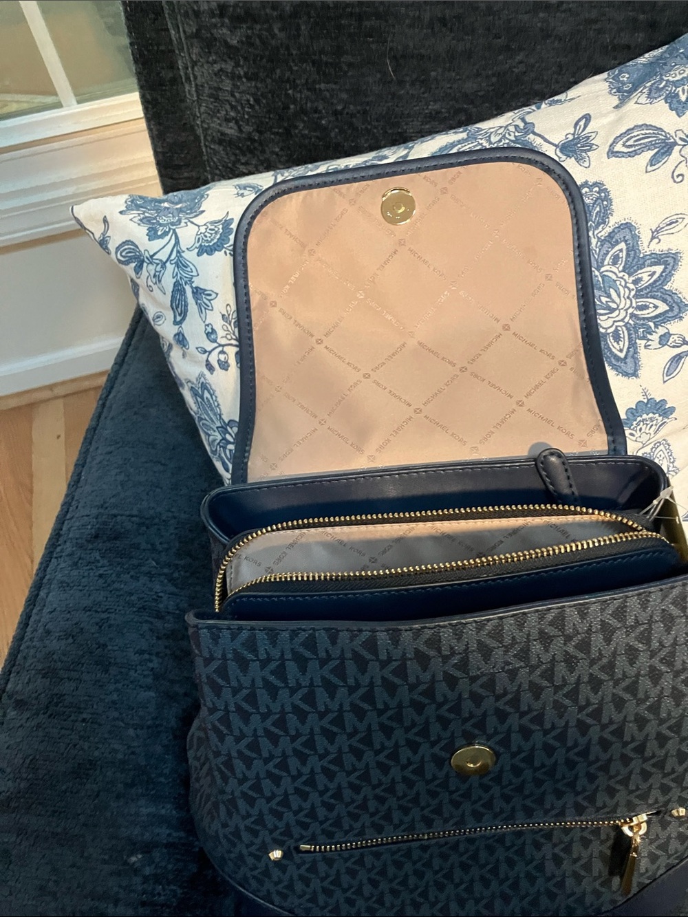 Michael Kors Navy and Gold MK Logo Backpack - Picture 3 of 5